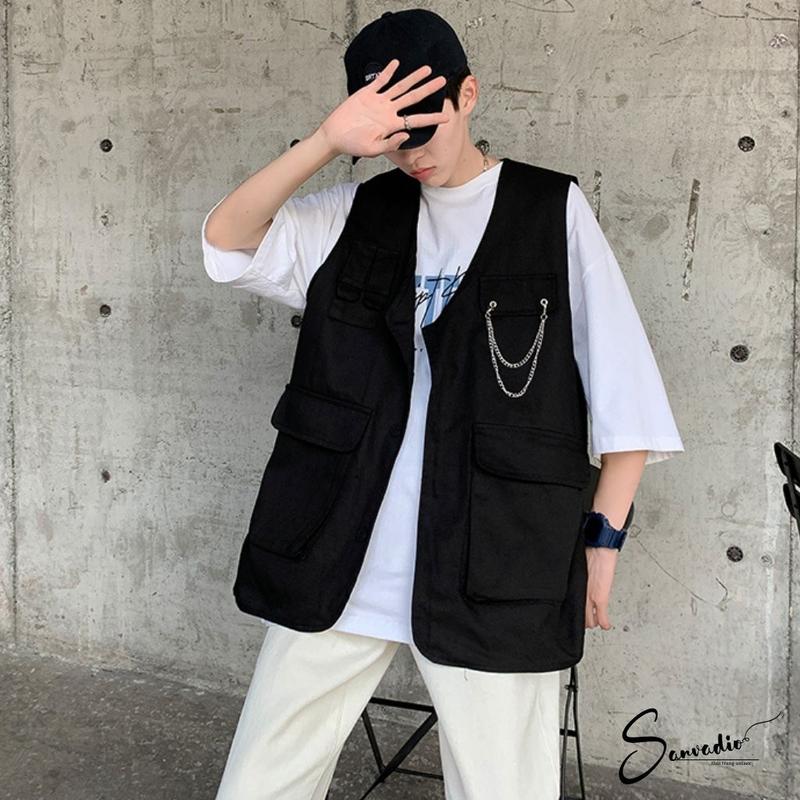 Áo Gile SANVADIO Áo Khoác Nam Form Rộng Có Túi Hộp Kèm Xích Cài Ngực Phong Cách Ullzang Unisex Basic Hàn Quốc GL379 Menswear Kaki