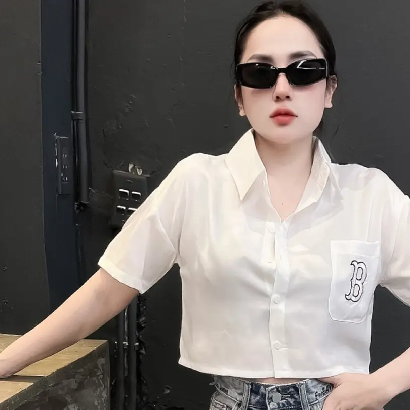 Áo Sơ Mi Cộc Tay Thêu Ngực Dáng  Lỡ _2375