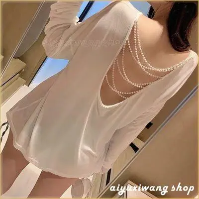 áo thu đông nữ  Áo Thun Dài Tay Cho Nữ, Thiết Kế Rỗng Gợi Cảm, Lưng Lộ Ngọc Trai, Mỏng, Thời Trang, Phong Cách Hàn Quốc, Dáng Rộng, Thường Ngày, Đơn Giản, Màu Trơn