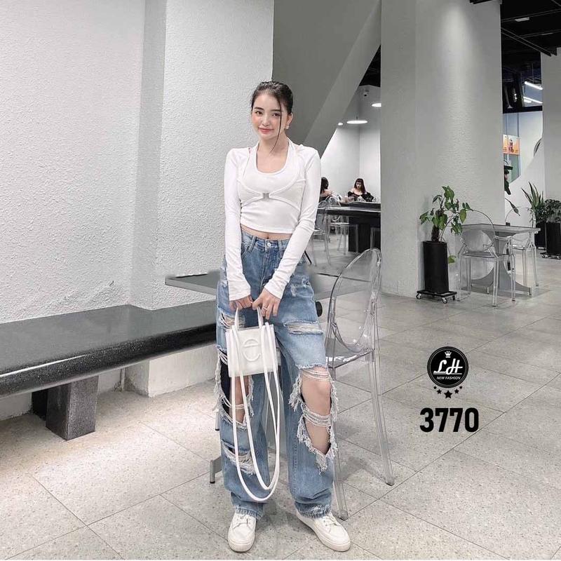 Quần jean ống rộng nữ rách te tua mảng lớn ngay gối ulzzang cạp cao Kim Anh Jeans MS 3770