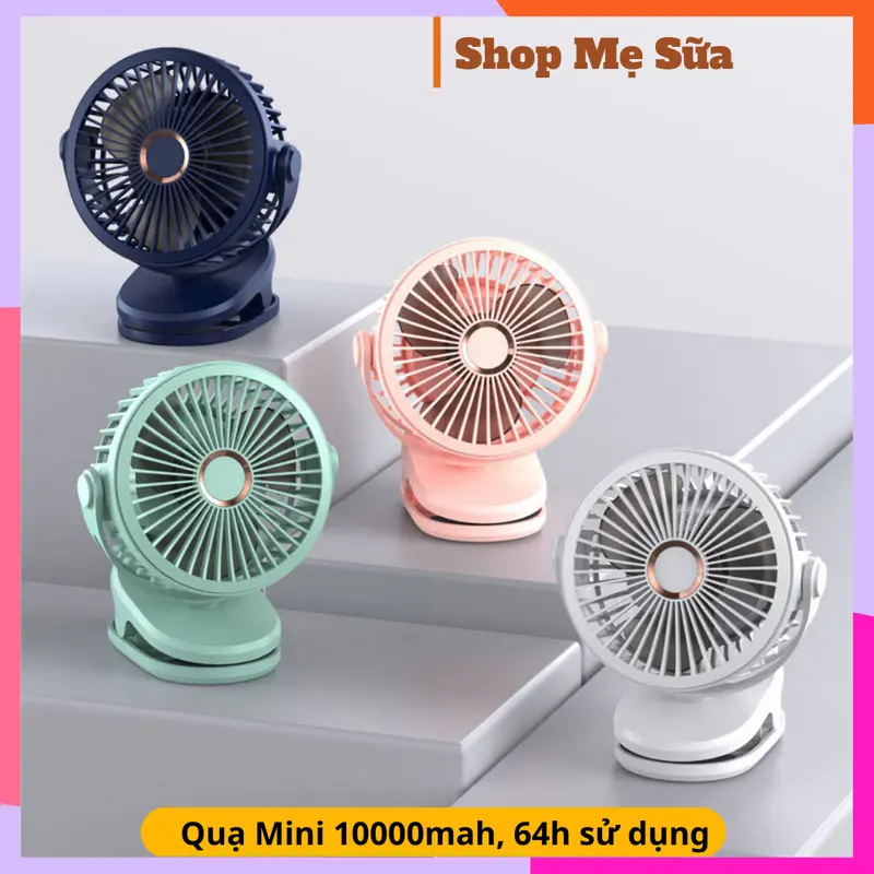 Quạt tích điện mini 10000mah, quạt kẹp đa năng xoay 720 độ, 4 chế độ làm mát 0