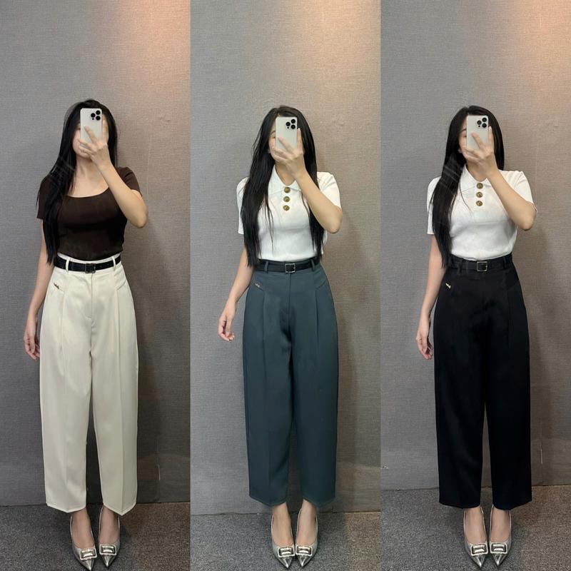 Quần Baggy Công Sở Lưng Cạp Cao Dáng Thụng Đính Chữ Bên Hông Chất Vải GOLD NHẬT Kèm Đai [ Hàng thiết kế Chathimy] (Q2) Nữ Women tây Kem Nhung Pants Kem Nhung Đen