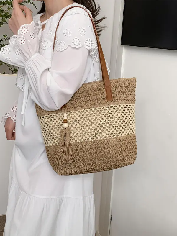 Women's Fashionable Straw Tote Bag, Large Capacity Shoulder Bag for Daily Used, Casual Trendy Versatile High-quality Daily Commuting Bag, Girl Fashionable Shopping Bag, Beaded Bags 4