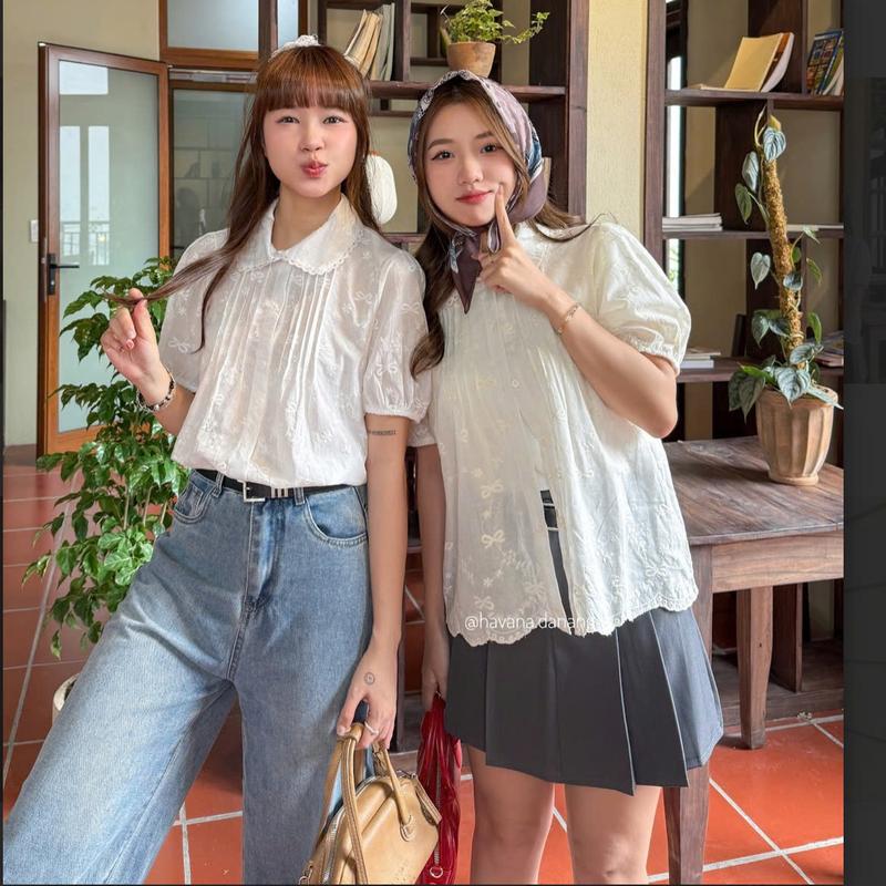 (CHẤT MỎNG) Áo sơ mi thô boil cổ bèo tay bồng thêu nơ nhỏ dễ thương HAVANA AO400