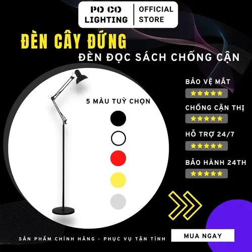 Đèn cây đứng đọc sách, làm việc POCOLIGHT. Thân đèn sắt sơn tĩnh điện chắc chắn. Bảo hành 24 tháng