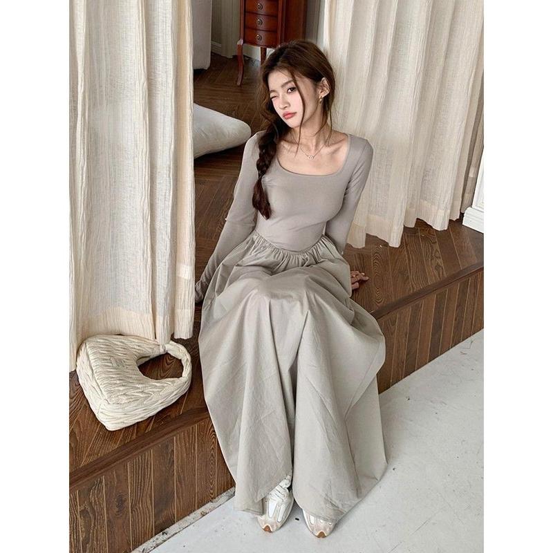 French Hepburn style long sleeve square neck bottoms dress WOMEN'S autumn 2024 new high-grade elegant inner match long dress Casual Womenswear 4