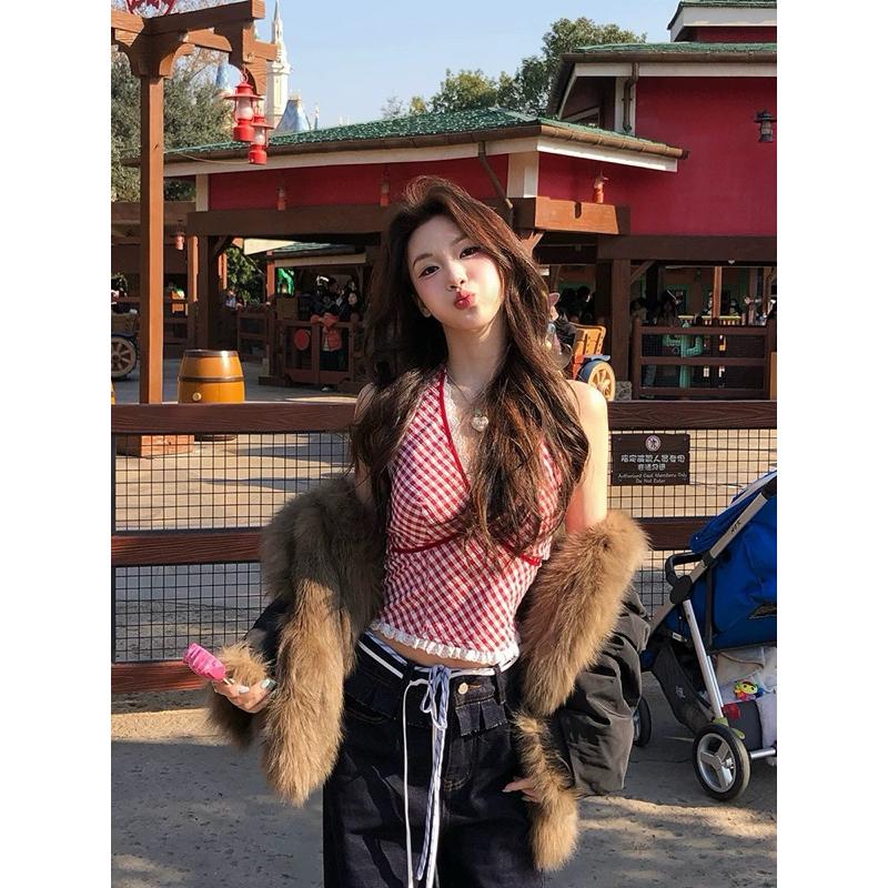 (40-80Kg) Áo Caro Đỏ Cổ Yếm Viền Ren Nơ Lưng (Có BigSize) UnihomeClothing CV256