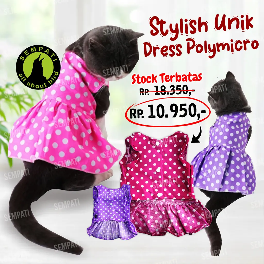 SEMPATI Baju Kucing Model Gaun Dress Motif Polkadot Baju Kostum Fashion Hewan Peliharaan Kucing Cat Kitten Adult Anabul Baju Kucing Dress Gaun