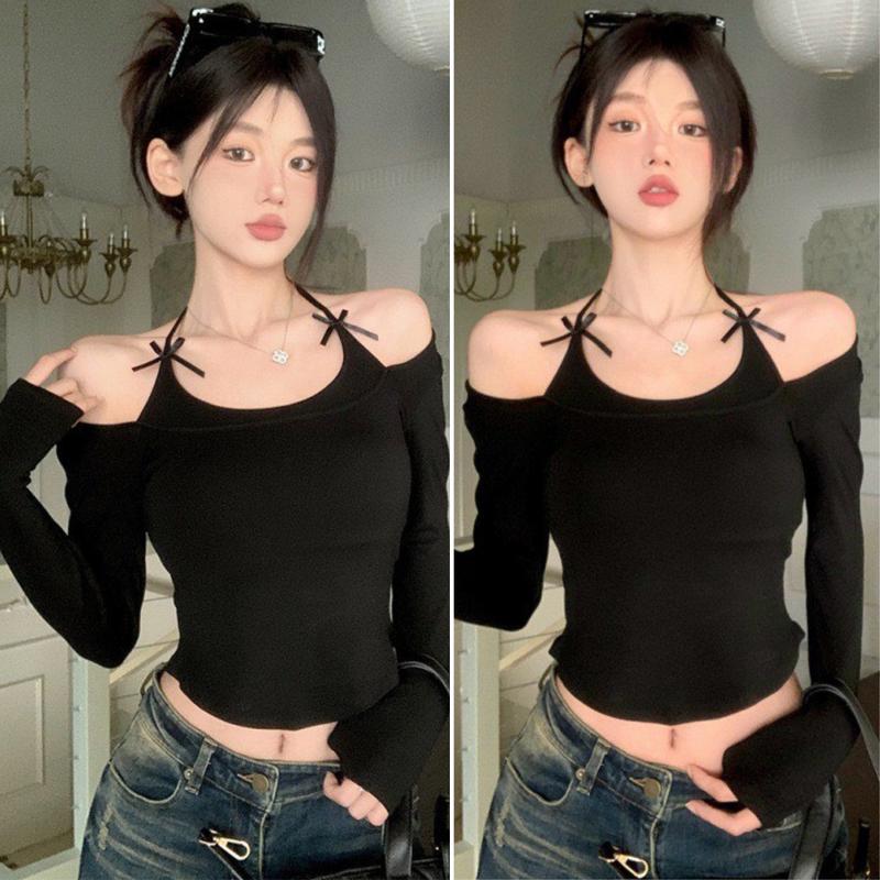 Áo thun nữ đẹp kiểu cổ yếm vạt bầu đính nơ 2 bên dài tay A079 chất thun mềm mại ôm sát body Top Women cá tính trơn Nhung Voi Jean Sơ Mi