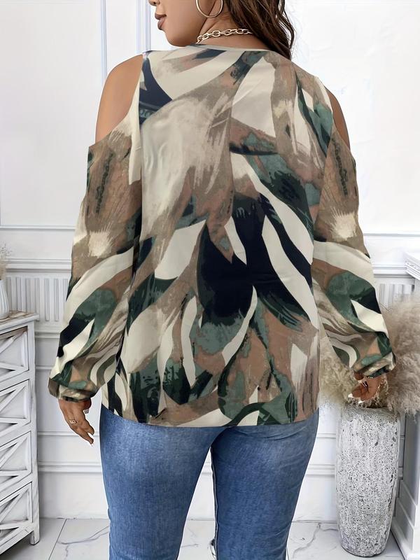 【Plus Size】 All Over Print Cold Shoulder Zipper Blouse, Casual Bishop Sleeve Top for Women, Women Plus Clothing for All Seasons 5