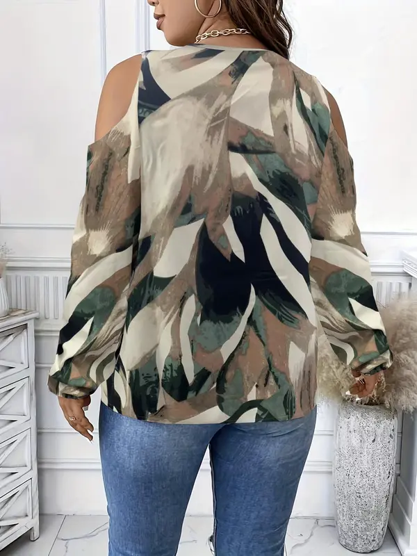 【Plus Size】 All Over Print Cold Shoulder Zipper Blouse, Casual Bishop Sleeve Top for Women, Women Plus Clothing for All Seasons, Cold Shoulder Tops 5