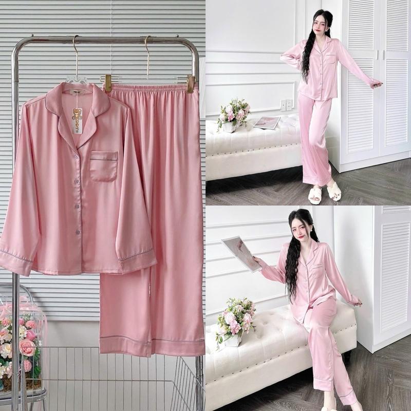 ĐỒ BỘ PIJAMA, Tay Dài Trơn, ĐỒ MẶC NHÀ, ĐỒ NGỦ NỮ. Đồ Bộ Trơn, Viền Màu, Có Túi Áo. QUẦN DÀI CÓ TÚI. VẢI LỤA LATIN CAO CẤP, MÀU TRƠN. Women Voi Kem do bolatin Nho 5