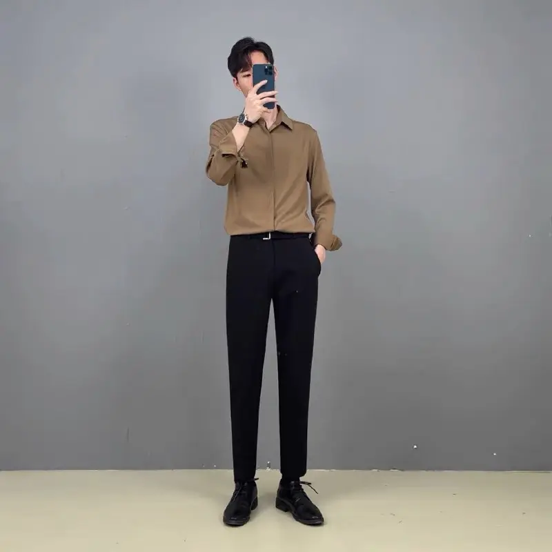 Áo sơ mi nam Luxury lụa cao cấp dáng ôm tay dài đi học, đi làm công sở thời trang hàn quốc trẻ trung bigsize - Menswear, Có Cổ