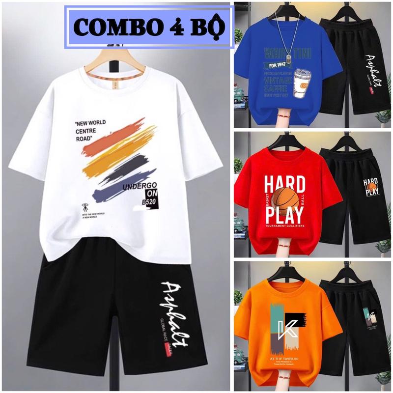 Combo 4 Bộ quần áo bé trai mùa hè size đại từ 17 đến 40kg, chất thun co giãn, mềm mát, phong cách Hàn Quốc cho bé trai từ 5 đến 14 tuổi, dáng quần đùi áo cộc tay thể thao. quần  áo