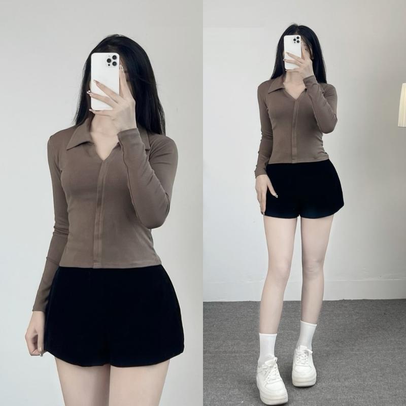 Áo Thun Nữ Dài Tay Cổ Bẻ Xẻ Ngực Chất Cotton Form Ôm Bigsize355T - Top, Women 8