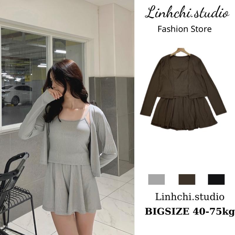 Set 3 món chất thun tăm (có bigsize) áo hay dây+cardigan kèm quần short_Linhchi.studio