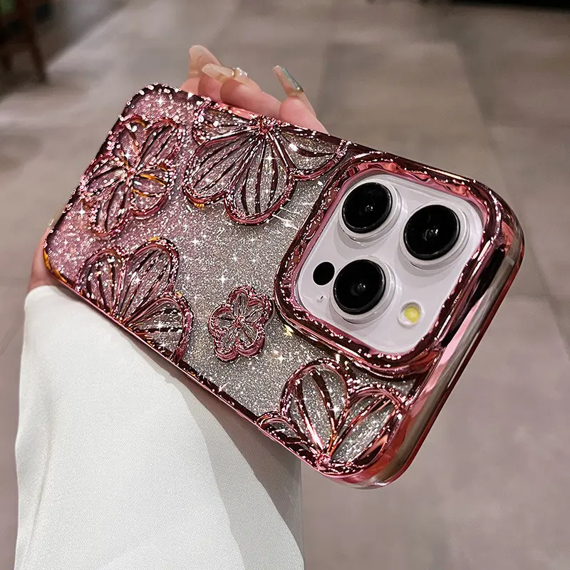 High quality electroplated three-dimensional flower phone case for iPhone 16 11 12 13 14  15 Pro Max  16 plus Anti drop lens protection soft casing phone protective case 5