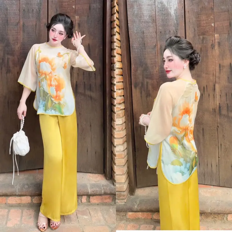 Đồ lam nữ đi chùa, áo vải voan tơ ánh nút ngọc nơ (có lót), quần lụa latin. Freesize 45-63kg. 3