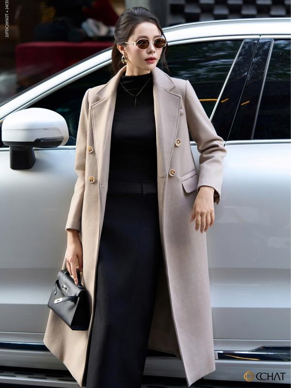 Áo Măng Tô Nữ CCHAT Dáng Suông Dài Túi Cơi Chất Dạ 24MDZ2005ST