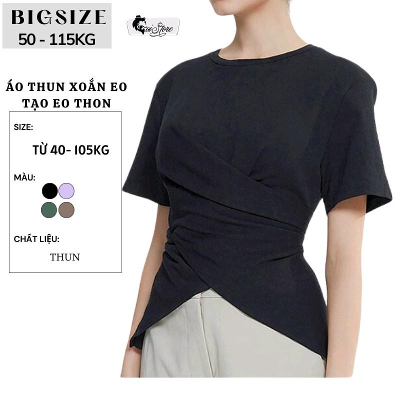 [Bigsize Sói] 50-105Kg Áo thun vạt chéo thun gân lụa lạnh dễ thương Top Nữ Women Cổ Tròn lovito đồ Đen