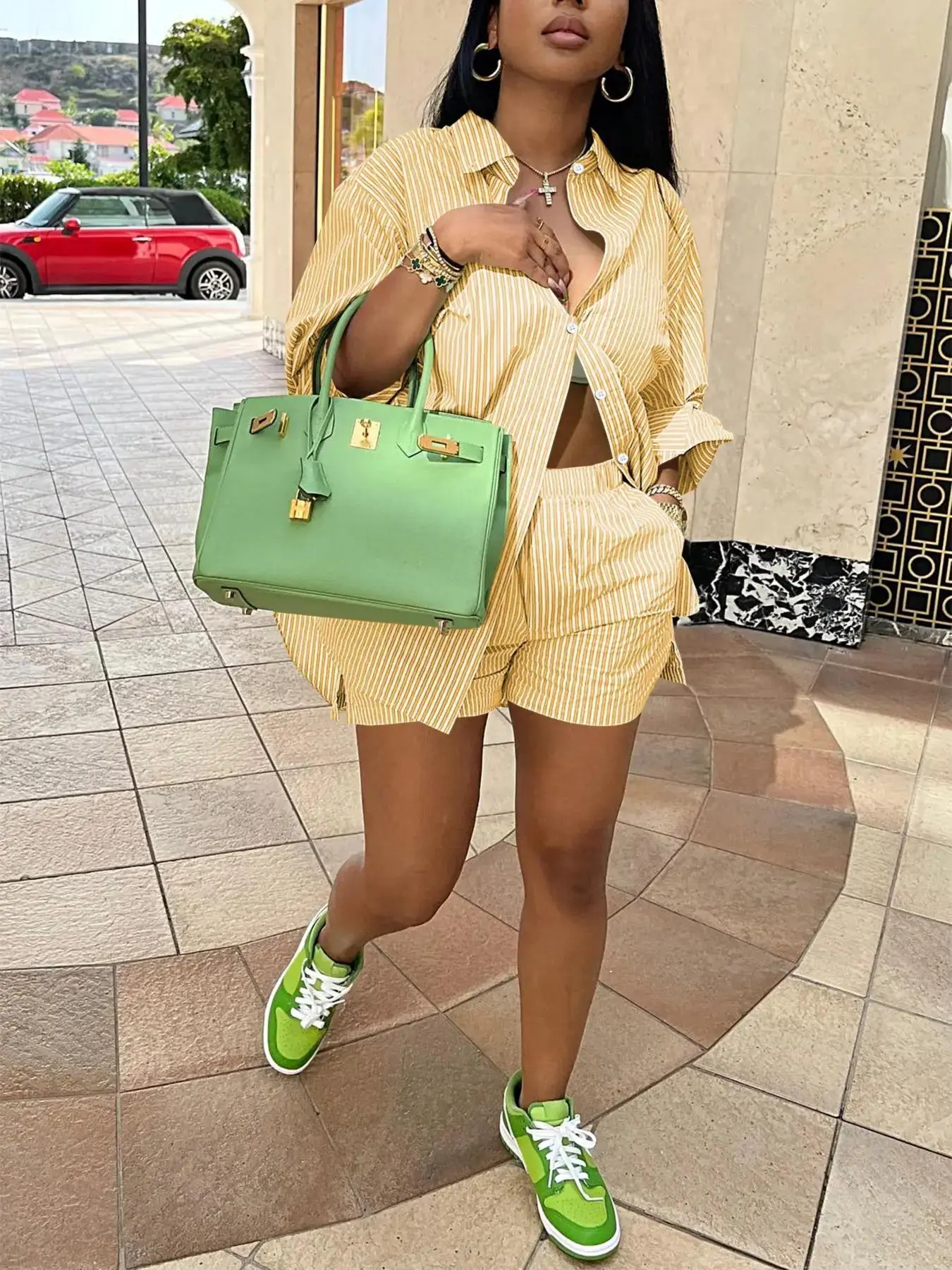 Women's Striped Print Button Shirt & Shorts Set, Casual Short Sleeve Collared Top & Shorts for Daily Wear, Ladies Two-piece Outfits for All Seasons