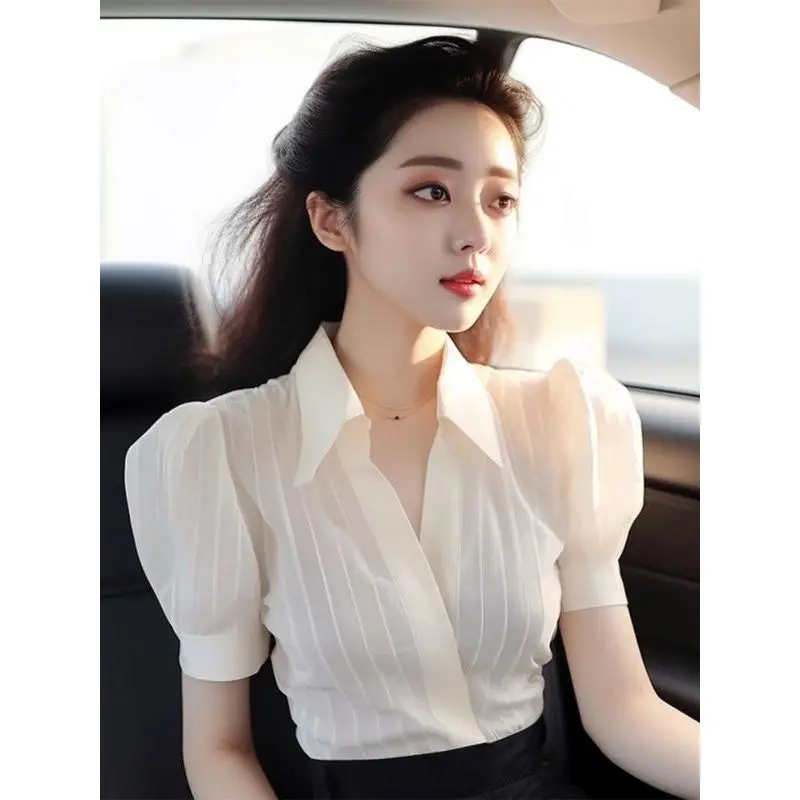 Quần Áo Mùa Hè, Voan Ngắn Tay, Cao Cấp Và Tinh Tế, Phong Cách Pháp, Duyên Dáng Và Đẹp, Hàng Đầu, Mỏng Tay Phồng, Thích Hợp Đi Lại, Áo Sơ Mi Trắng, 2024