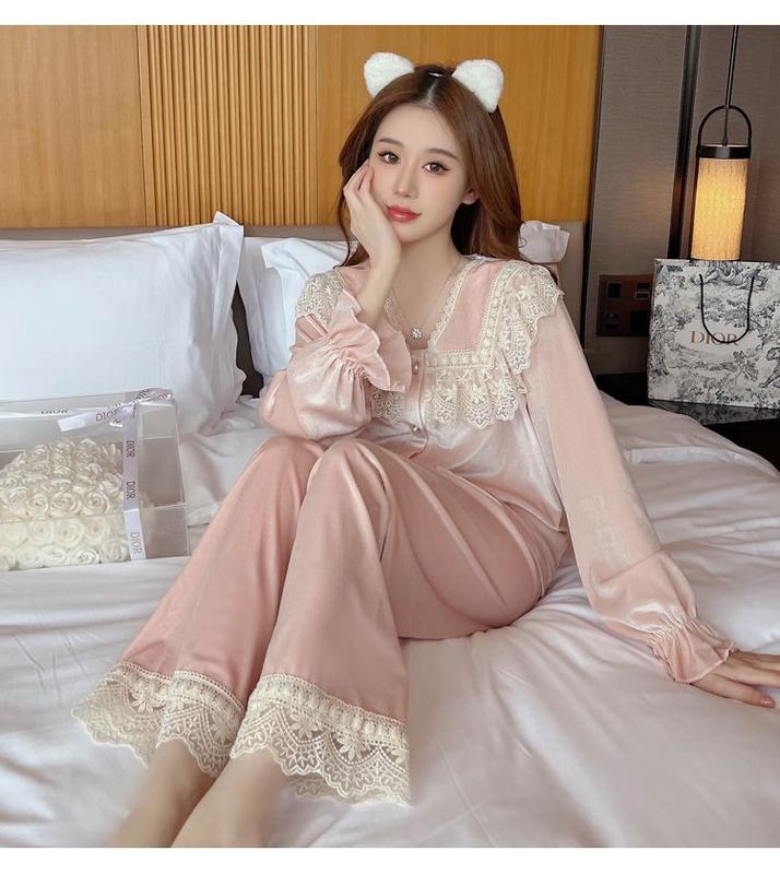 Product Introduction of Oootd-Đồ Ngủ Nhung Vàng Cho Nữ, Bộ Đồ Công Chúa Ren Mỏng, Quần Dài Tay, Áo Cardigan, Đồ Mặc Nhà, Mùa Xuân Và Mùa Thu, Mới 2