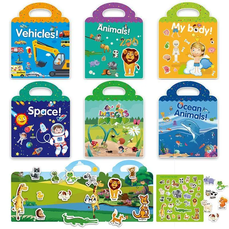 Kid's Stickers Book, Early Education Focus Cultivation, Repeated Pasting of Animals, Dinosaurs, Ocean Scenes Stickers Book