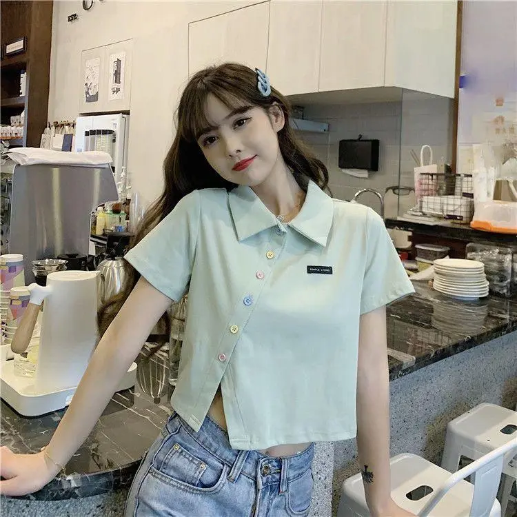Atasan Kemeja Kaus Polo Wanita Pendek Pusat Ritsleting Lengan Pendek Tie Neck Warna Solid Kancing Fashion Kasual Korea Musim Panas Pakaian Dalam Wanita 6