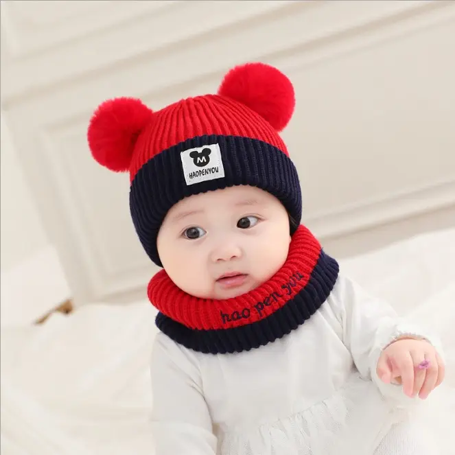 Kupluk Bayi Hopeoyou Model Dua Warna Rajut dengan Hiasan Pom Pom untuk Perempuan dan Laki-Laki 1