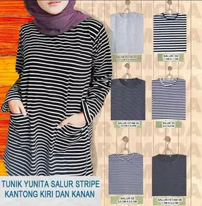 TUNIK yunita salur 2 kantong kiri kanan bahan spandek tebal / size xl , xxl Termurah Atasan Muslim Wanita Panjang Garis Stripe Motif