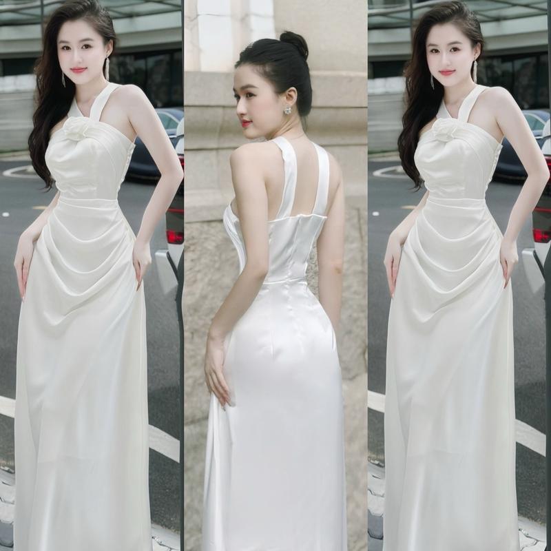 ( CÓ MÚT )- Váy LỤA Dự Tiệc ĐÍNH HOA HỒNG  CỔ YẾM XẾP LY ĐỔ NHẸ NHÀNG Dáng Dài HAI Dây Sau  Chất Lụa Mềm Mịn Lót Đúp Full Váy Phong Cách Sang Trọng Dành Cho Nữ  - TUONGVY0999 Dress Women Sen Hoa Sen Kem Nhung