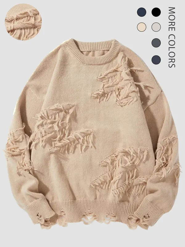 Men's Ripped Drop Shoulder Sweater, Men's and Women's Lazy and Versatile Ins Style Casual Fashion Knitted Pullover for Fall & Winter, Fashion Men's Knitwear for Daily Wear 3