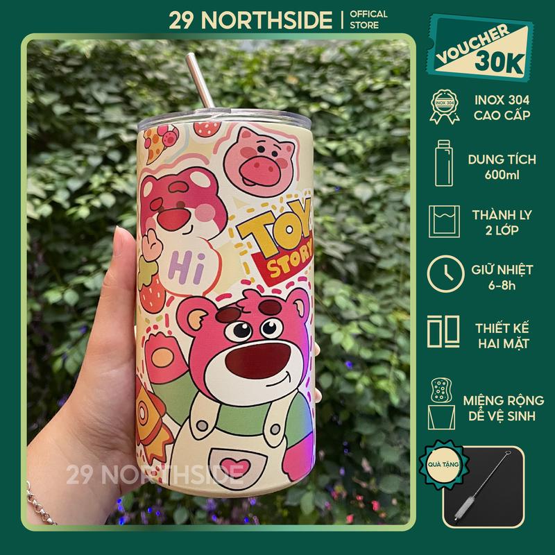 29NS -(Tặng Cọ Rửa) Ly Giữ Nhiệt Gấu Dâu LOTSO Toy Story Dung Tích 600ml Inox 304 Cao Cấp Tặng Kèm Ống Hút,  Bình nước Giữ Nhiệt summer Nóng Lạnh