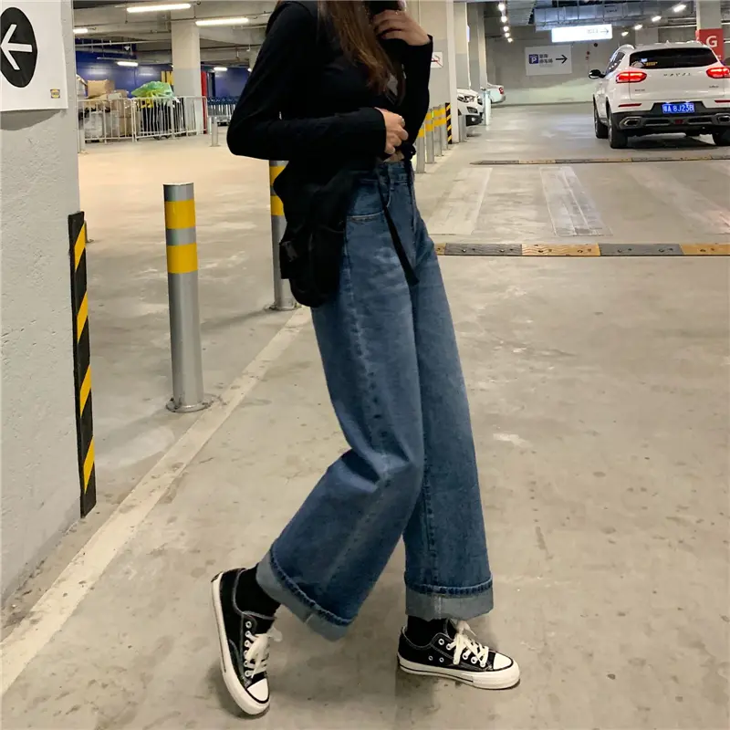 Korean style biru laut vintage loose straight high waist celana jeans wanita(gambar fisik)--8093 3