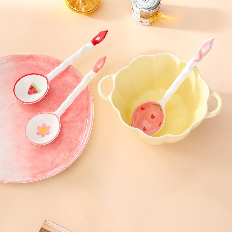 Kawaii Fruit Strawberry Ceramic Soup Spoon Cute Ice Cream Hand Painted Coffee Dessert Long Handle Spoon Kitchen Accessories 0