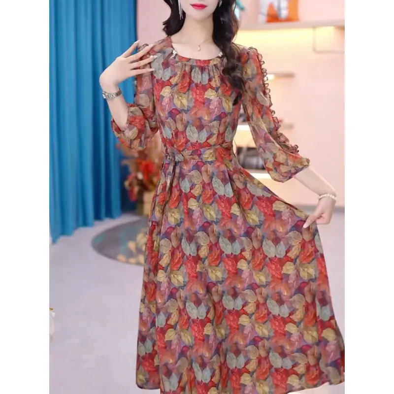 FADFAD [SHORT VIDEO] Gaun rok elegan motif bunga pinggang ramping dengan lengan panjang dan terdapat variasi tali pinggang 1