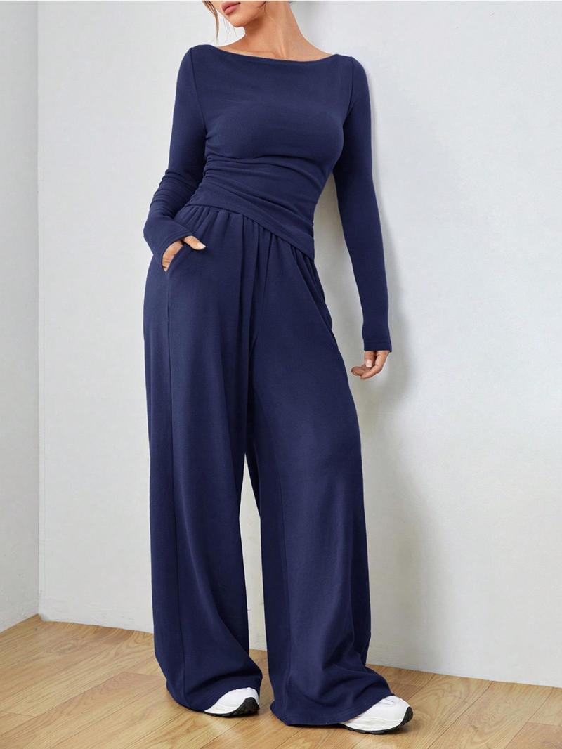 Product Introduction of Women's Solid Ruched Asymmetrical Tee & Elastic Waist Pocket Pants Two-piece Set, Casual Long Sleeve Boat Neck Top & Wide Leg Trousers for Spring & Fall, Tall Clothing Women, Gen Z Corporate Outfit, Winter Outfits, Rave 2 Piece Set,  Curve Fashion 13