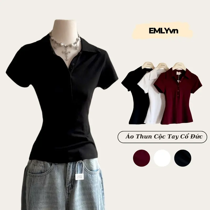 EMLYvn - Áo Thun Nữ Cộc Tay Cổ Đức Chất Áo Cotton Zip Ôm Body, Áo Polo Cộc Tay Nữ Dáng Ôm Cao Cấp