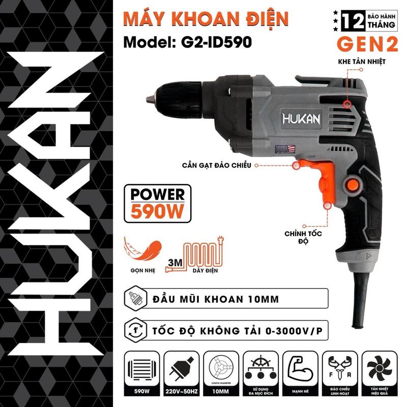 Máy khoan điện HUKAN HK-ID590,Công suất 590W,đầu kẹp 10mm vn máy khoan búa