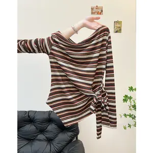 kaos off shoulder garis lengan panjang atasan wanita korean style kekinian terbaru terlaris hip shoulder tee