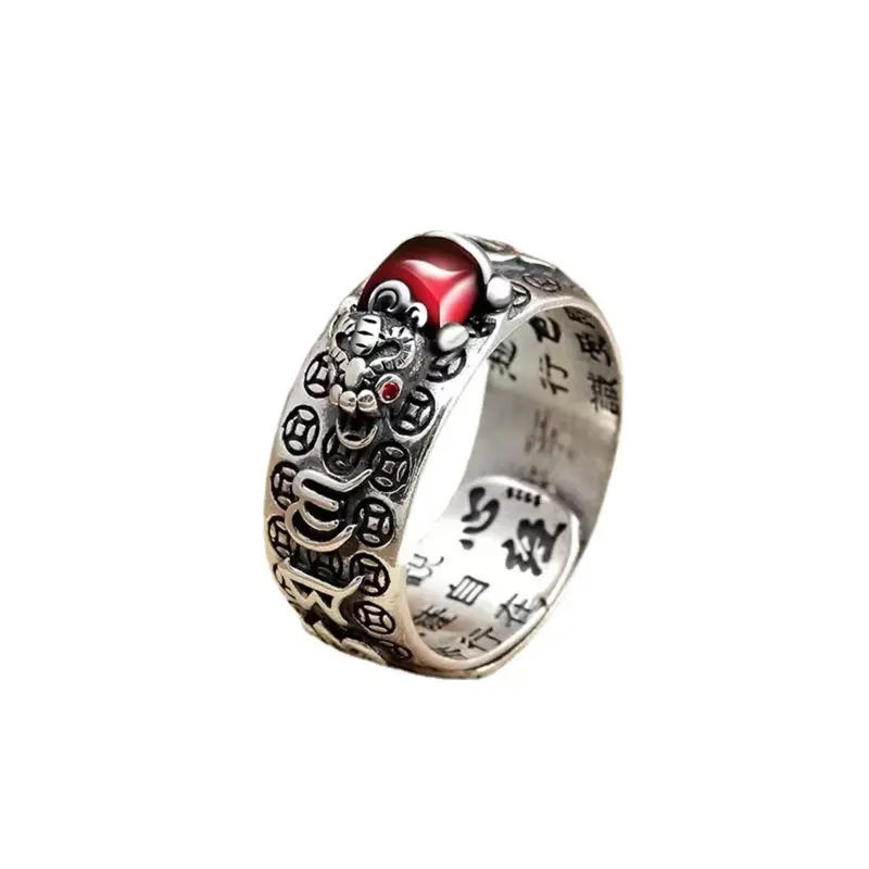 Nhẫn Ruby Tỳ Hưu, Bạc Cổ Điển Dành Cho Nam, Thiết Kế Xuyên Thấu Trái Tim, Được Chuyển Đồng Tiền Xu Đồng, Nhẫn Mở, Phong Cách Sinh Tồn, Độc Đoán, Nhẫn Nam 0