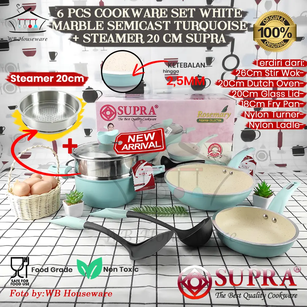 Panci Set Supra 6pcs White Marble Turquoise + Steamer  / Cookware set anti lengket pastel series / panci kukus set