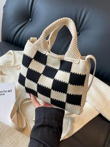 Women's Colorblock Checked Pattern Crochet Handbag, Summer 2025 Shoulder Bag for School & Work, Stylish Casual Knitting Shoulder Bag for Daily Used, Fashion All-match Crossbody Bag