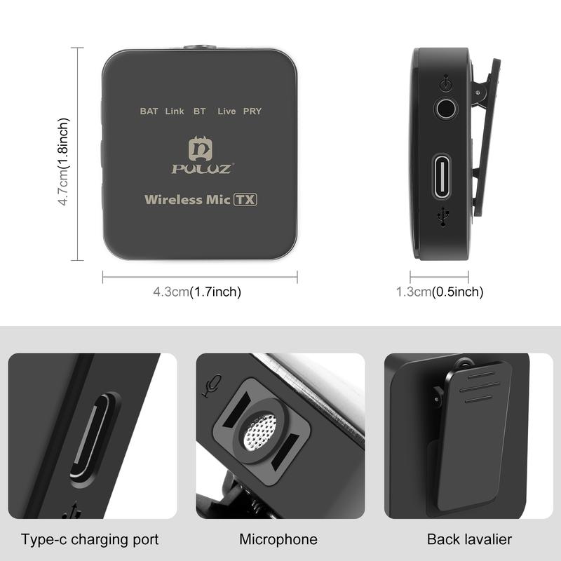 Product Introduction of Puluz Wireless Lavalier Microphone 2.4G Mic for iPhone ipad Android Type-C Phones Tablets Live Streaming Interview Vlogging 15