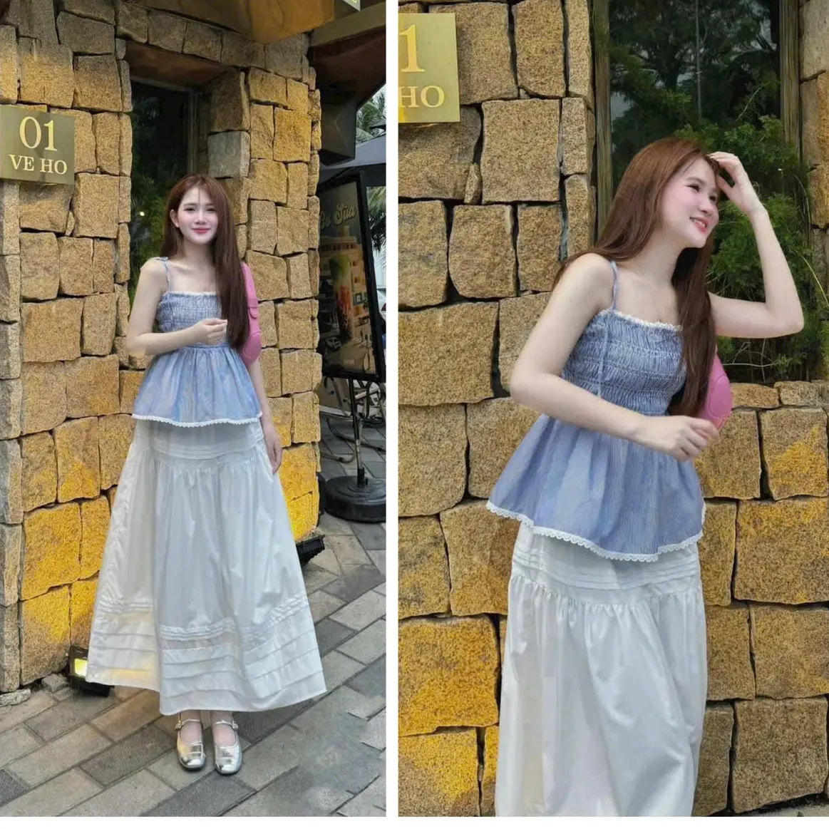 Sét đồ nữ, áo hai dây, chạy mocking, kèm chân váy dài, phù hợp khi đi chơi Top Women