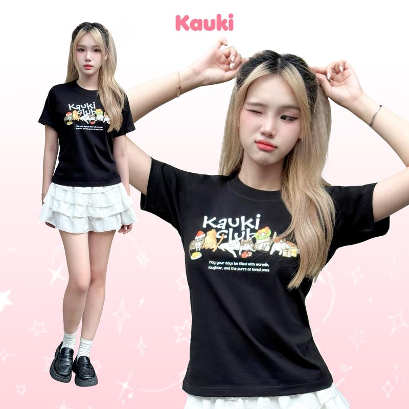 Áo Thun Nữ Babe Tee In Lụa Mèo Đáng Yêu KAUKI Chất Cotton 100% 250GSM Thoáng Mát BBT28 - Top Nữ - Women Voi Kem