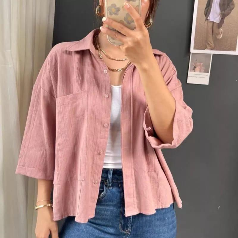 Kemeja Linen Wanita / Atasan Wanita Korean Style / COZIE TOP KEMEJA LINEN /   Blouse Korea Polos 120 Baju Crinkle Kancing Panjang Flowy Mewah 3