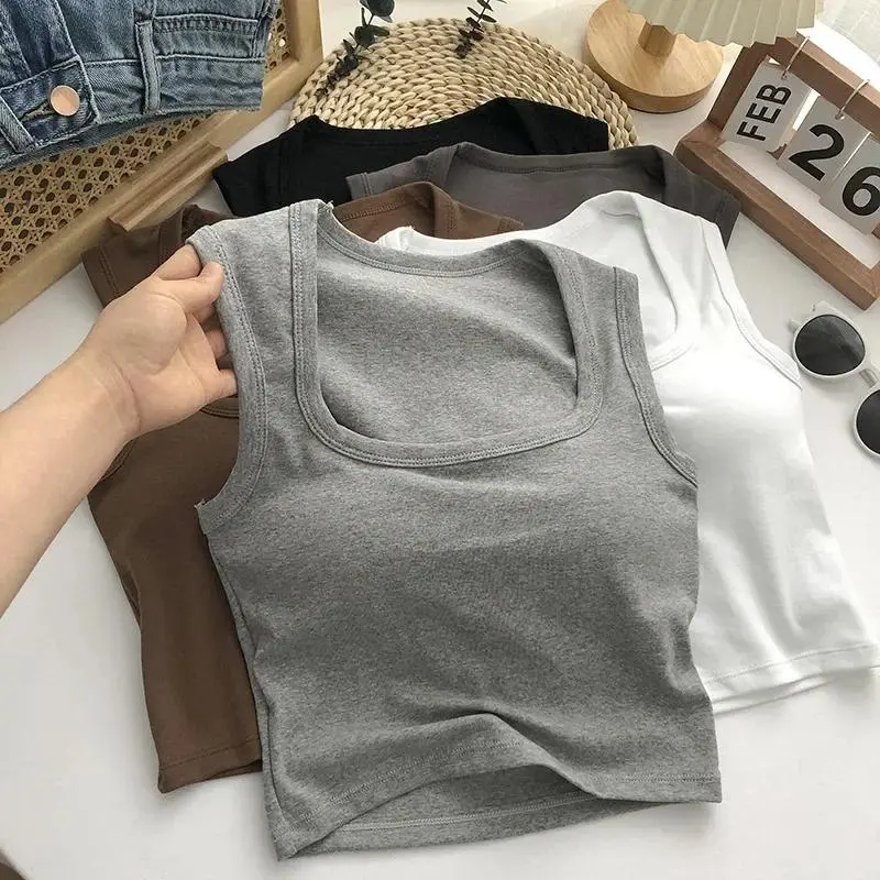 Summer Top Woman Clothing Sexy Low-Collar Sleeveless Square Neck Tank Tops with Chest Pad Solid Female Slim Bottoming Crop Tops Bra Camisole