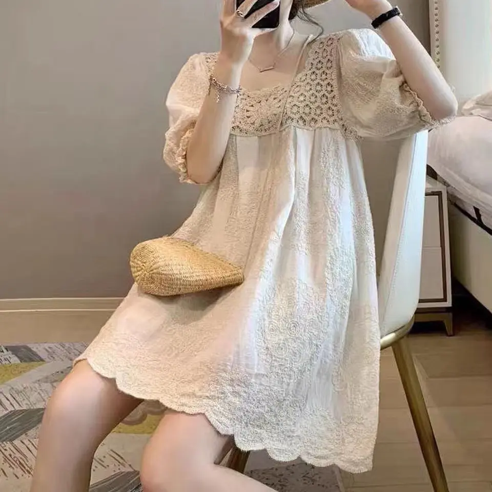 Đầm Midi Chữ A, Phong Cách Thường Ngày Thiết Kế Thêu Khoen Tay Ngắn, Màu Mơ, Dành Cho Nữ